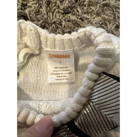 Gymboree Girls Size 7 White Cable Knit Sweater Gold Bow Party Fancy Holiday - Picture 3 of 9